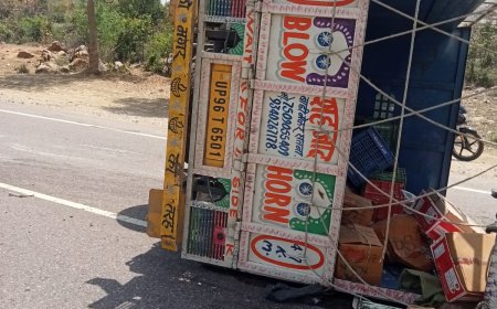 फल लेकर प्रयागराज से आ रही पिकअप पलटी, लाखों का हुआ नुकसान